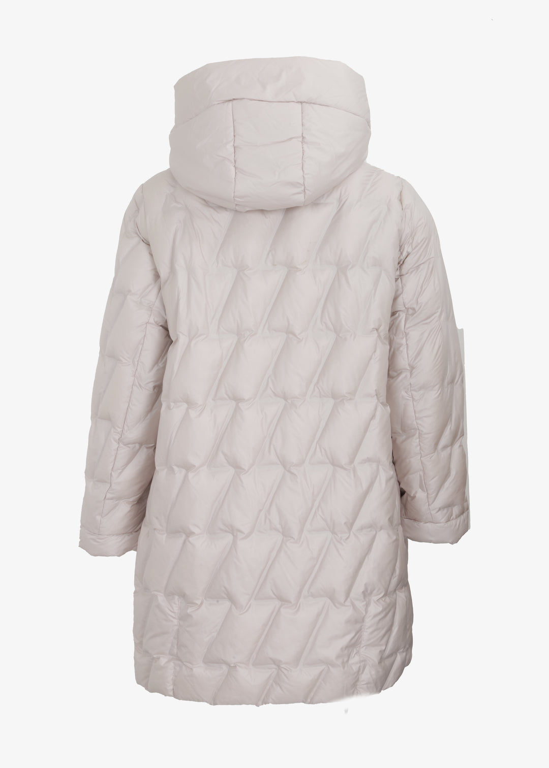 Frandsen Diagonal Quilted Puffer with Side Slits and Detachable Hood in Cream