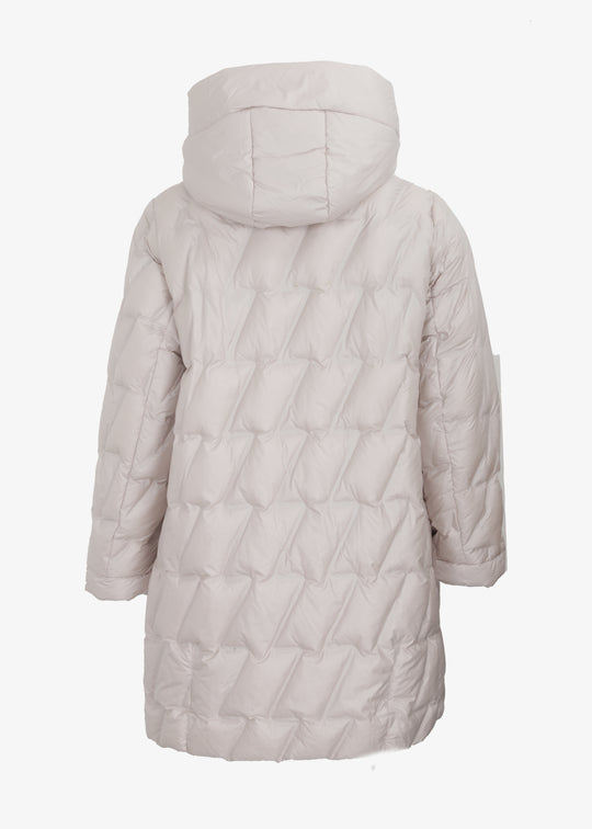 Frandsen Diagonal Quilted Puffer with Side Slits and Detachable Hood in Cream
