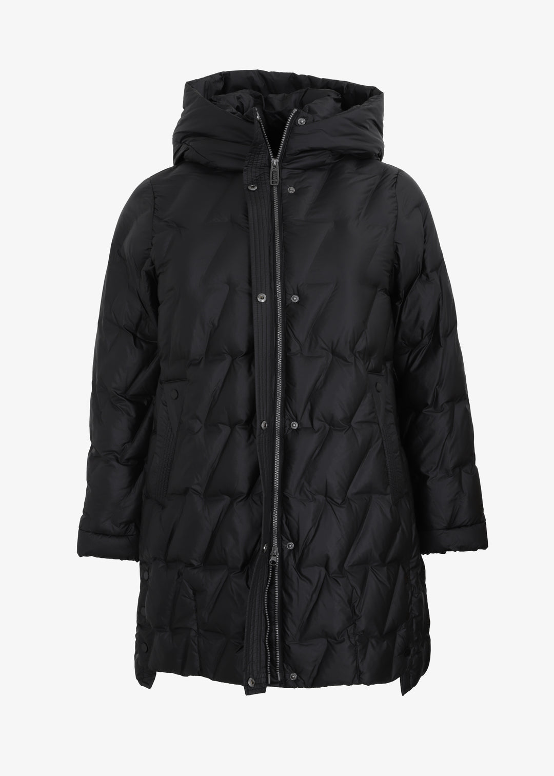 Frandsen Diagonal Quilted Puffer with side Slits and Detachable Hood in Black