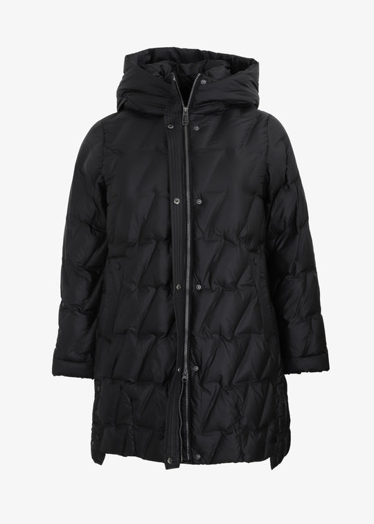 Frandsen Diagonal Quilted Puffer with side Slits and Detachable Hood in Black