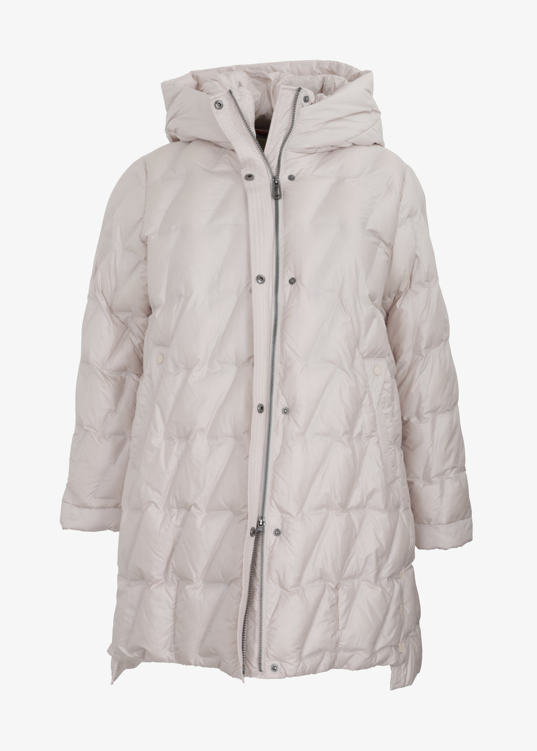 Frandsen Diagonal Quilted Puffer with Side Slits and Detachable Hood in Cream