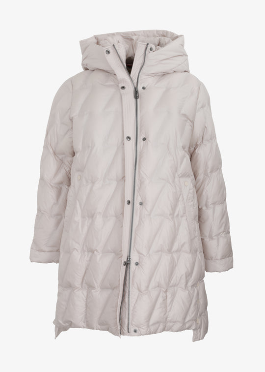 Frandsen Diagonal Quilted Puffer with Side Slits and Detachable Hood in Cream