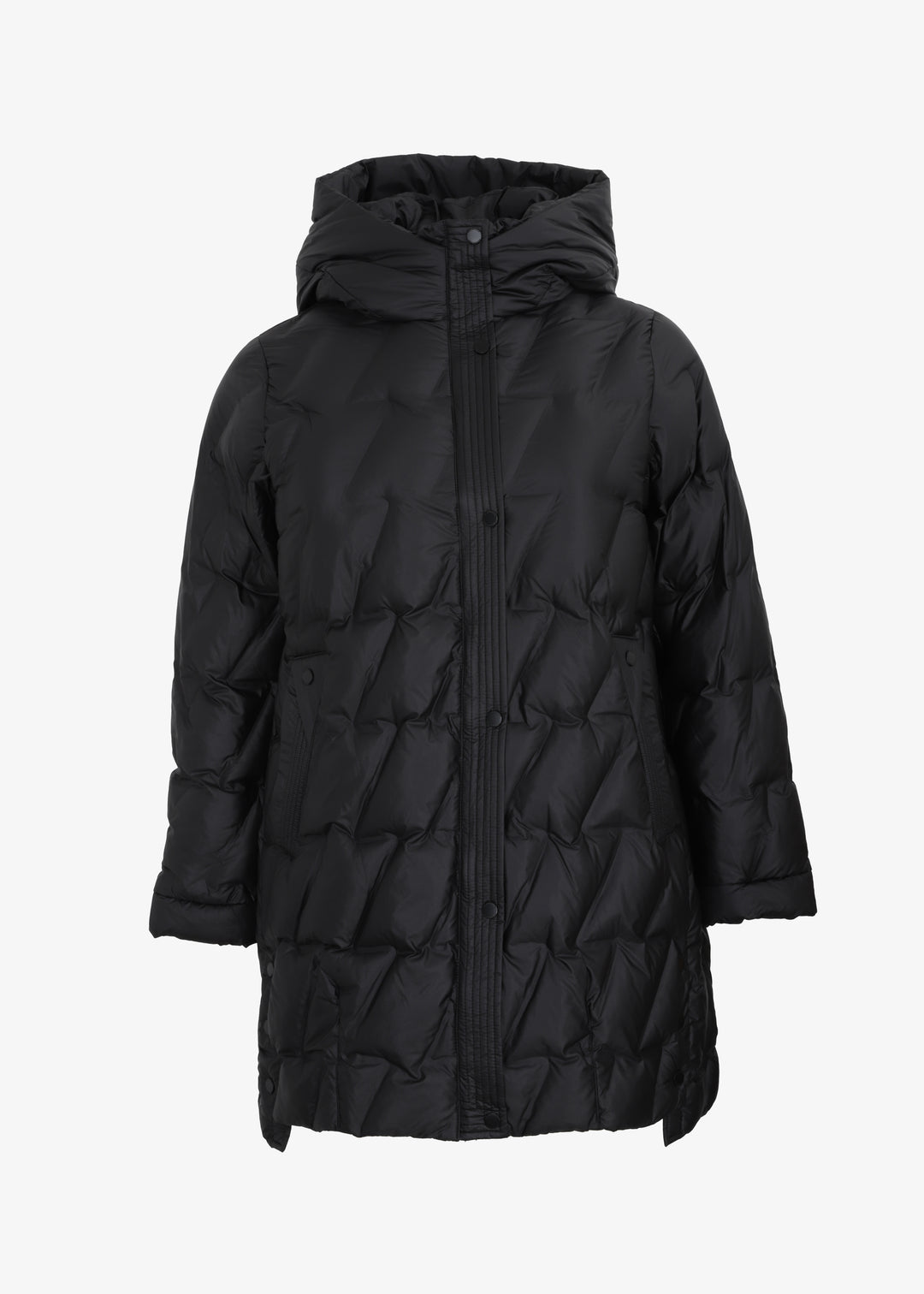 Frandsen Diagonal Quilted Puffer with side Slits and Detachable Hood in Black