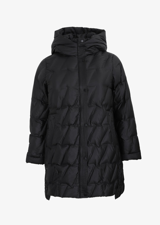 Frandsen Diagonal Quilted Puffer with side Slits and Detachable Hood in Black