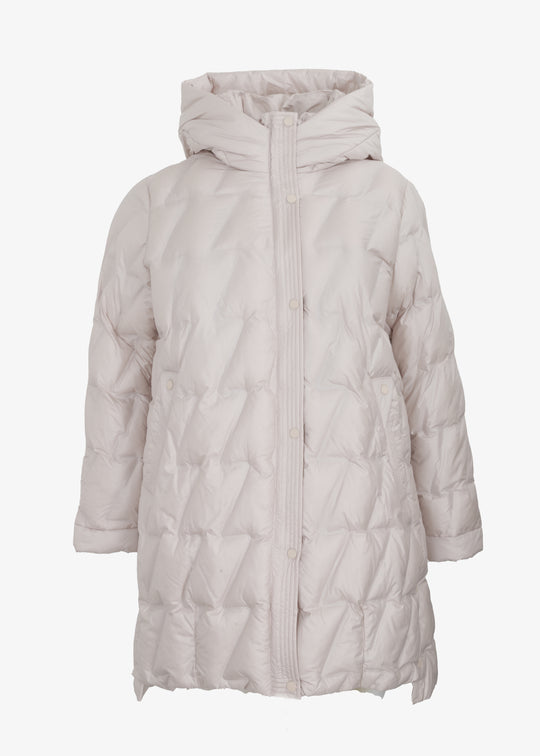 Frandsen Diagonal Quilted Puffer with Side Slits and Detachable Hood in Cream