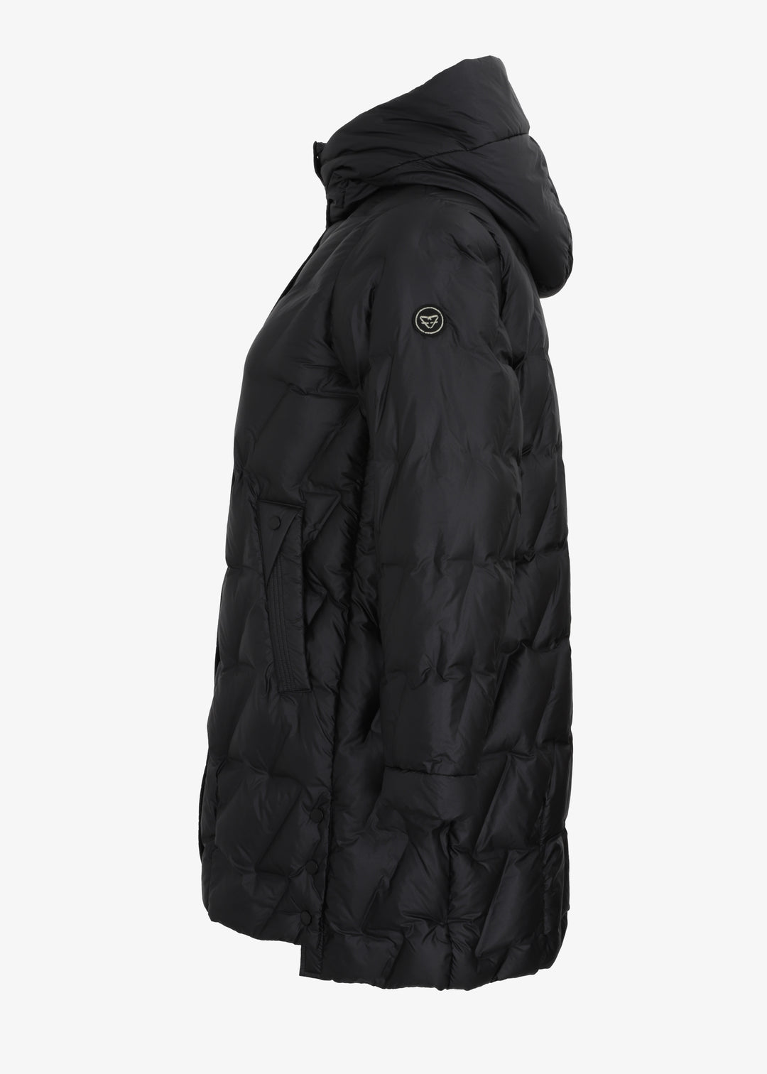 Frandsen Diagonal Quilted Puffer with side Slits and Detachable Hood in Black