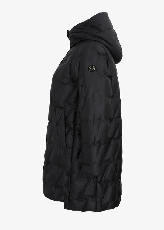 Frandsen Diagonal Quilted Puffer with side Slits and Detachable Hood in Black