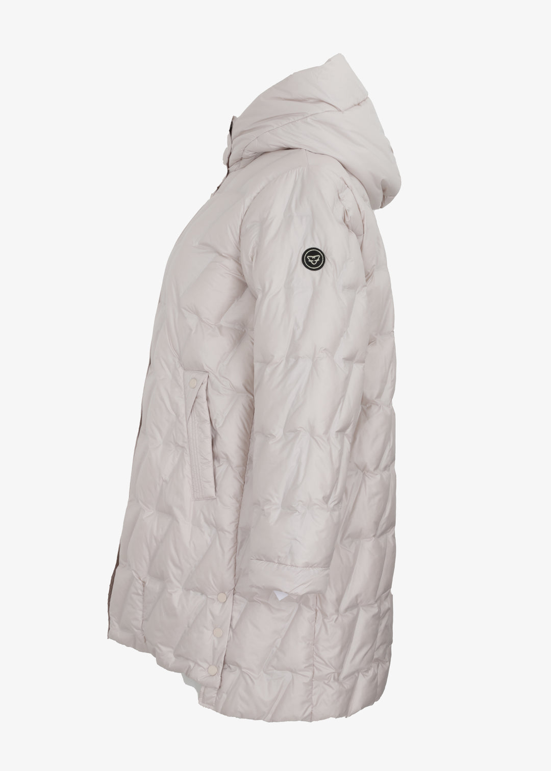 Frandsen Diagonal Quilted Puffer with Side Slits and Detachable Hood in Cream