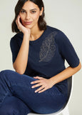 front view of plus size Luisa Viola Short Sleeve Tee with Leaf Motif in Navy