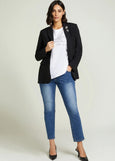 front view of plus size Luisa Viola Short Sleeve Cotton Bianco Tee in White style with blazer and jeans