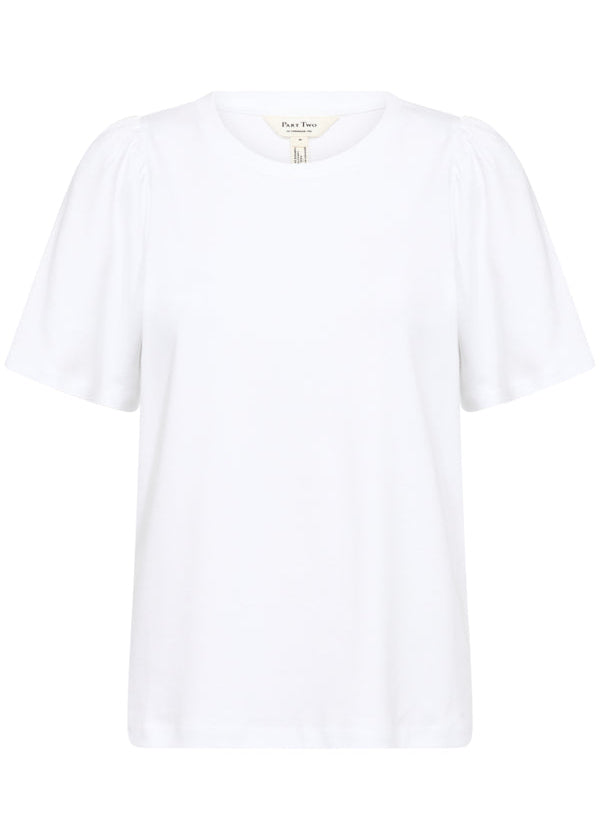 front view of Part Two Imalia Cotton Gathered Sleeve Crew Neck Tee in Bright White