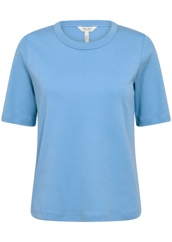 Front view of Part Two Ratana Cotton Elbow Sleeve Crewneck Tee in Silver Lake Blue