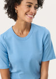 Front view of Part Two Ratana Cotton Elbow Sleeve Crewneck Tee in Silver Lake Blue