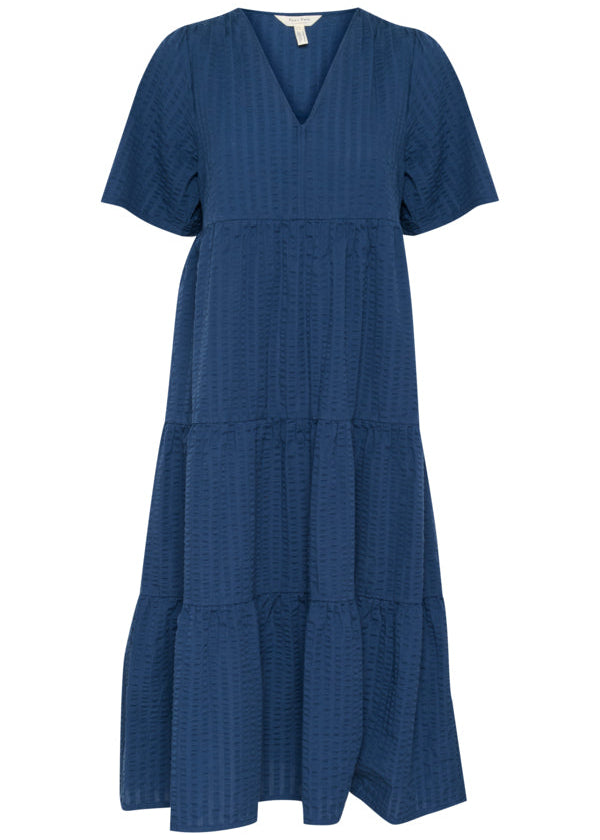 Front view of Part Two Tiered Seersucker Cotton Dress in Blue