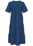 back view of Part Two Tiered Seersucker Cotton Dress in Blue