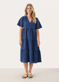 Front view of Part Two Tiered Seersucker Cotton Dress in Blue