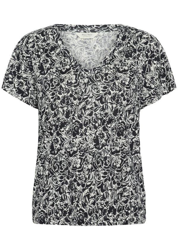 Part Two Axelines Linen/Viscose Print Short Sleeve V-Neck Tee in Midnight Rose Print