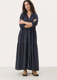 front of Part Two Nataliya Tiered Long Dress with Cuffed Sleeve in Navy