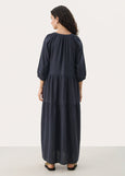 back view of Part Two Nataliya Tiered Long Dress with Cuffed Sleeve in Navy