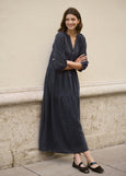 font view of Part Two Nataliya Tiered Long Dress with Cuffed Sleeve in Navy