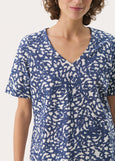 front view of Part Two Curlia V-neck Curved hem Tee in Blue Print