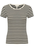 front view of plus size Part Two Short Sleeve Scoopneck Ribbed Tee in Black Stripe