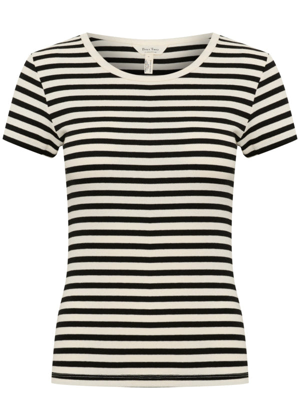 front view of plus size Part Two Short Sleeve Scoopneck Ribbed Tee in Black Stripe