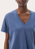 close up front view of Part Two Ruth Tencel V-Neck Short Sleeve Top in Blue
