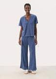 front view of Part Two Ruth Tencel V-Neck Short Sleeve Top in Blue