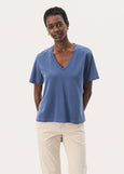 front view of Part Two Ruth Tencel V-Neck Short Sleeve Top in Blue