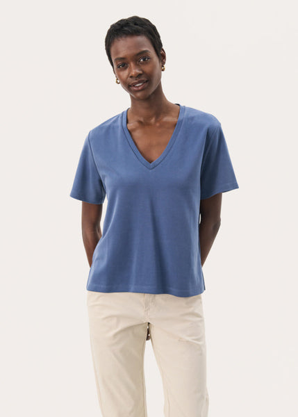 front view of Part Two Ruth Tencel V-Neck Short Sleeve Top in Blue