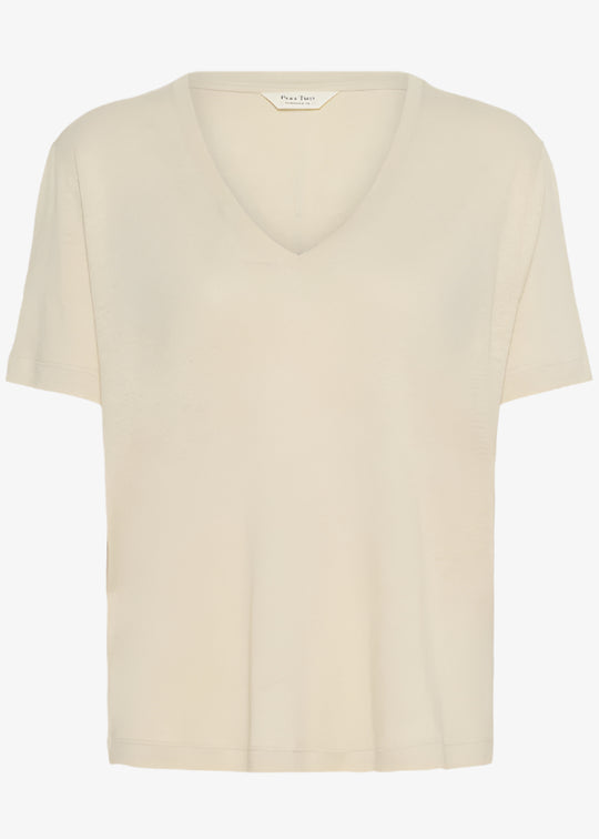 front view of Part Two V-Neck Linen blend T-shirt in French Oak