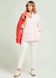 front view of plus size Luisa Viola Long Sleeve Cotton Striped Shirt With Stones in Pink/White