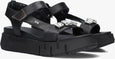 front view of Nero Giardini Tamigi Sandal with Velcro Strap and Jewel in Detail in Black