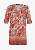 front view of Verpass plus size Paisley Print V-Neck Jersey Tunic with Border in Flamingo Red