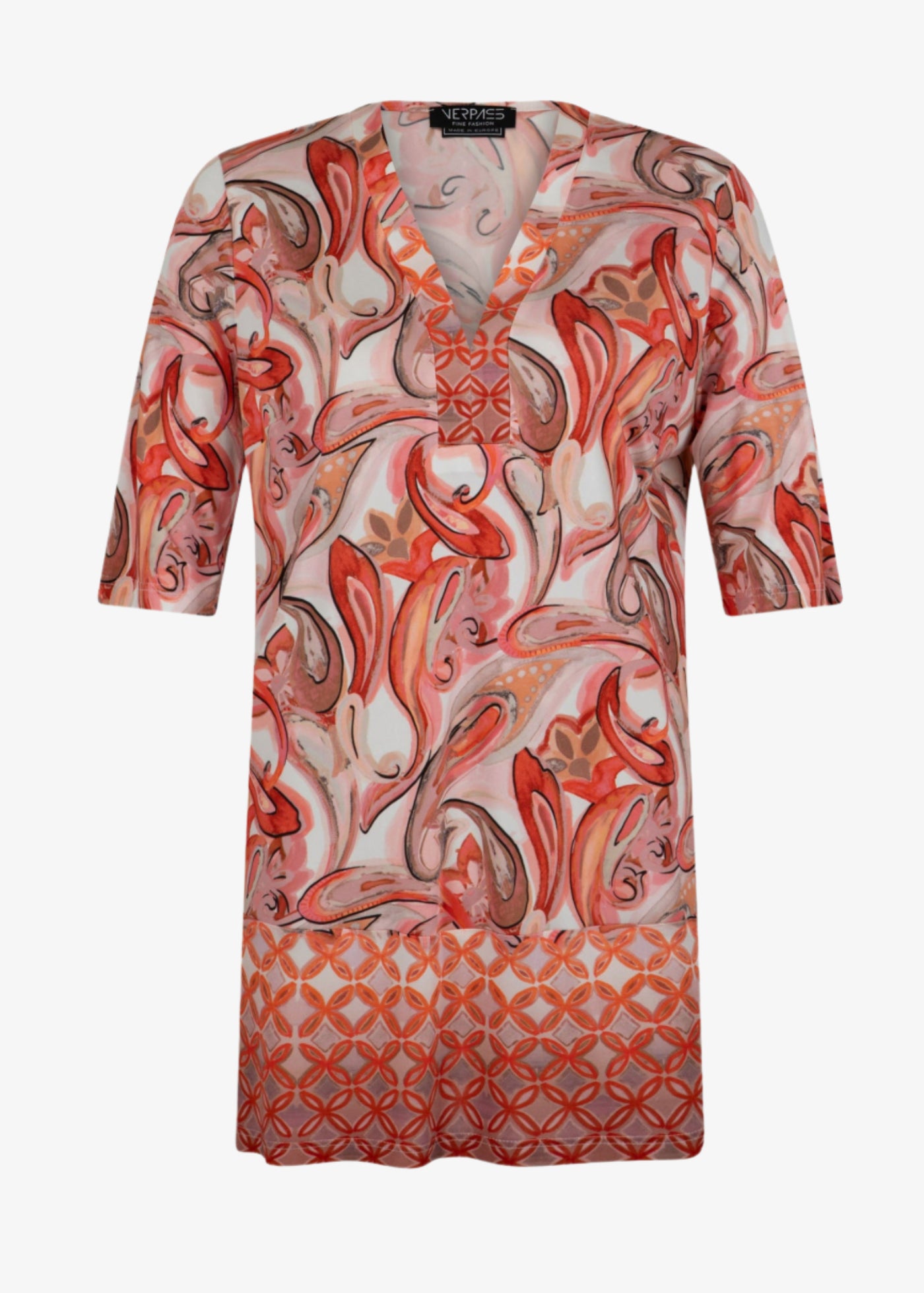 front view of Verpass plus size Paisley Print V-Neck Jersey Tunic with Border in Flamingo Red