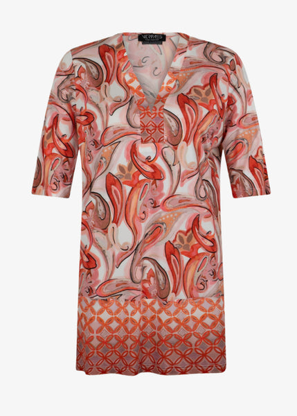 front view of Verpass plus size Paisley Print V-Neck Jersey Tunic with Border in Flamingo Red