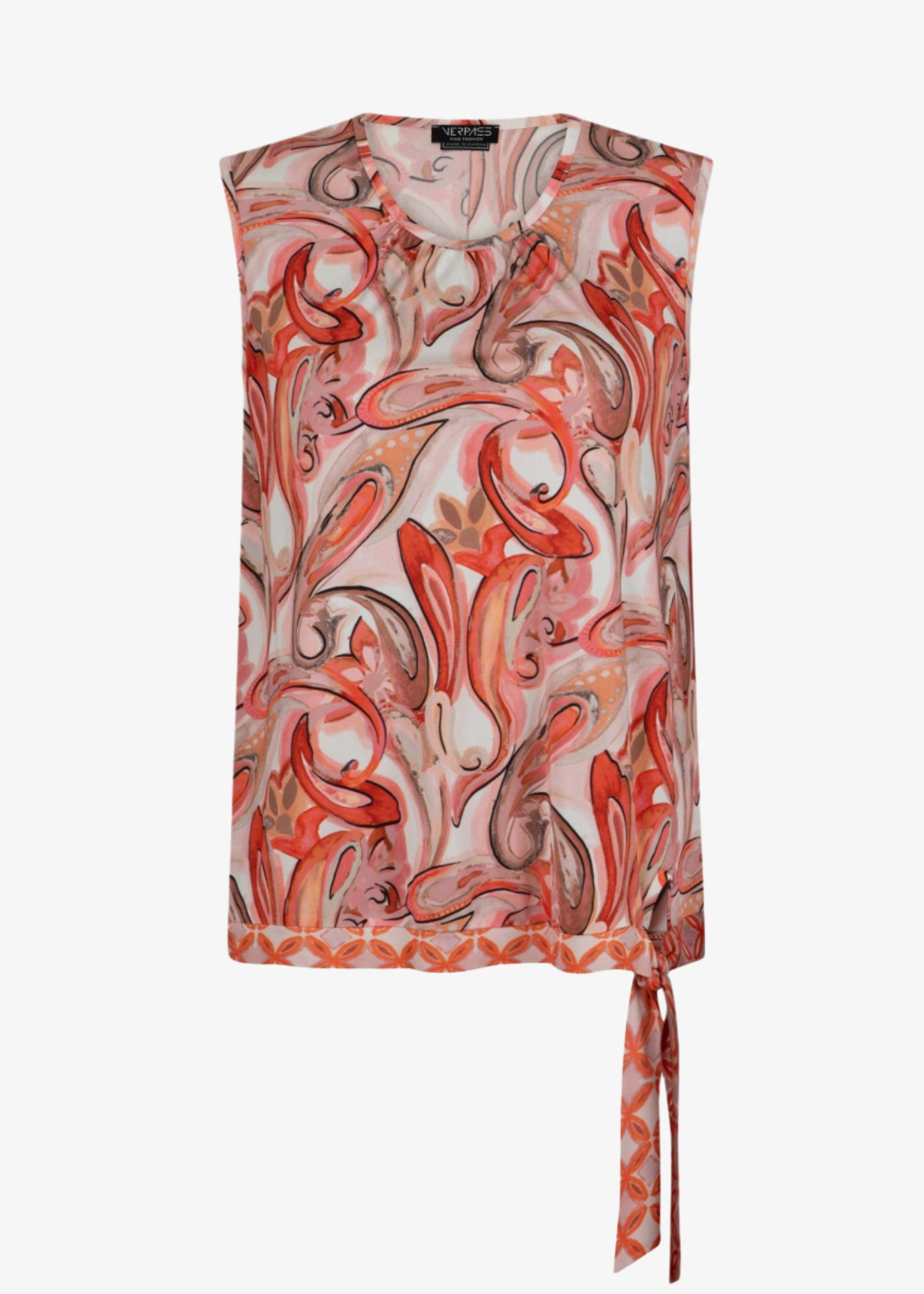 front view of Verpass plus size Paisley Print Sleeveless top with Tie Border Hem in Flamingo Red