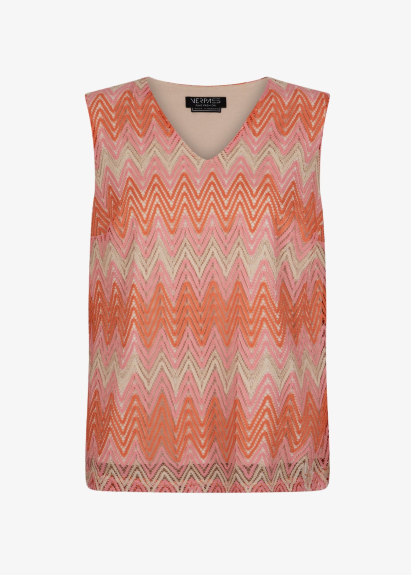 front view of Verpass plus size Bargello Knit V-neck shell Peach