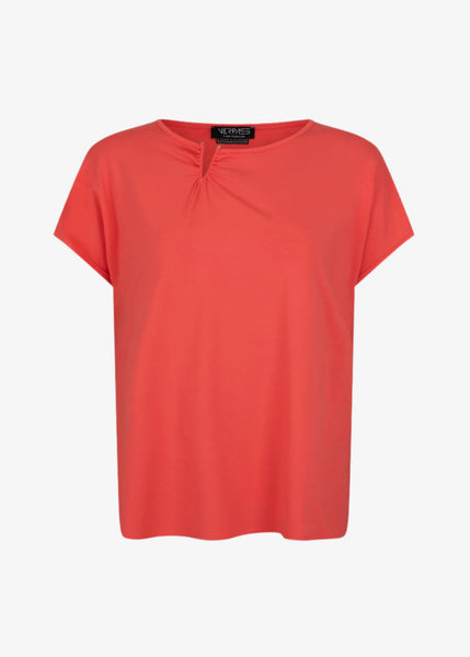 front view of plus size Verpass Jersey Short Sleeve Tee with Hardware at Neck in Coral