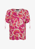 front view of plus size Verpass Rouched Sleeve Stretch Print Jersey Top in Orange Print