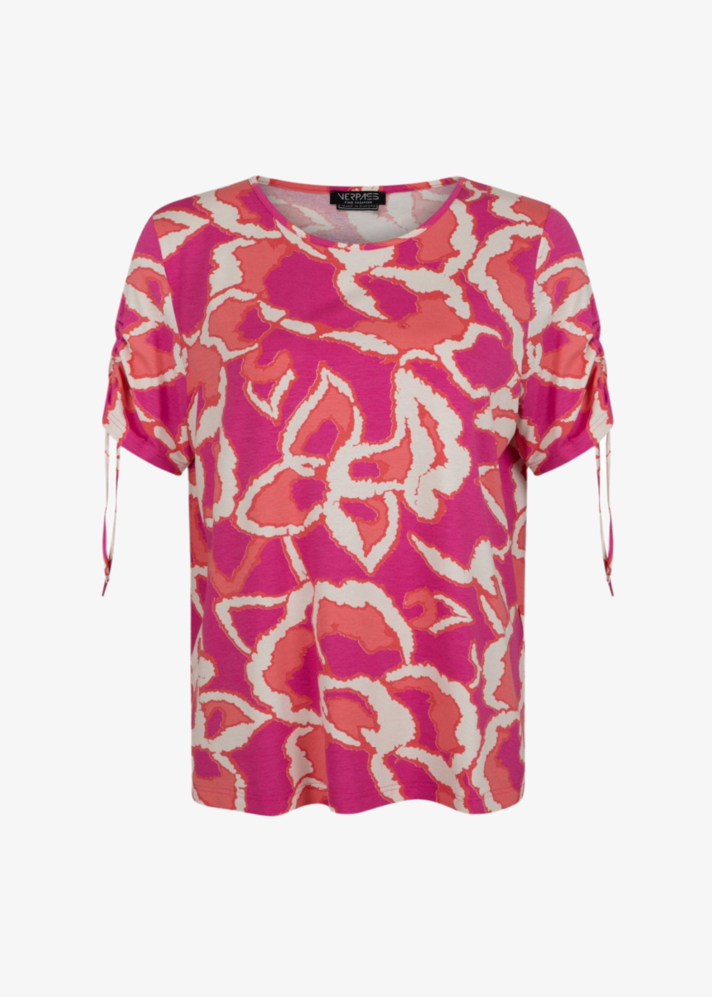 front view of plus size Verpass Rouched Sleeve Stretch Print Jersey Top in Orange Print