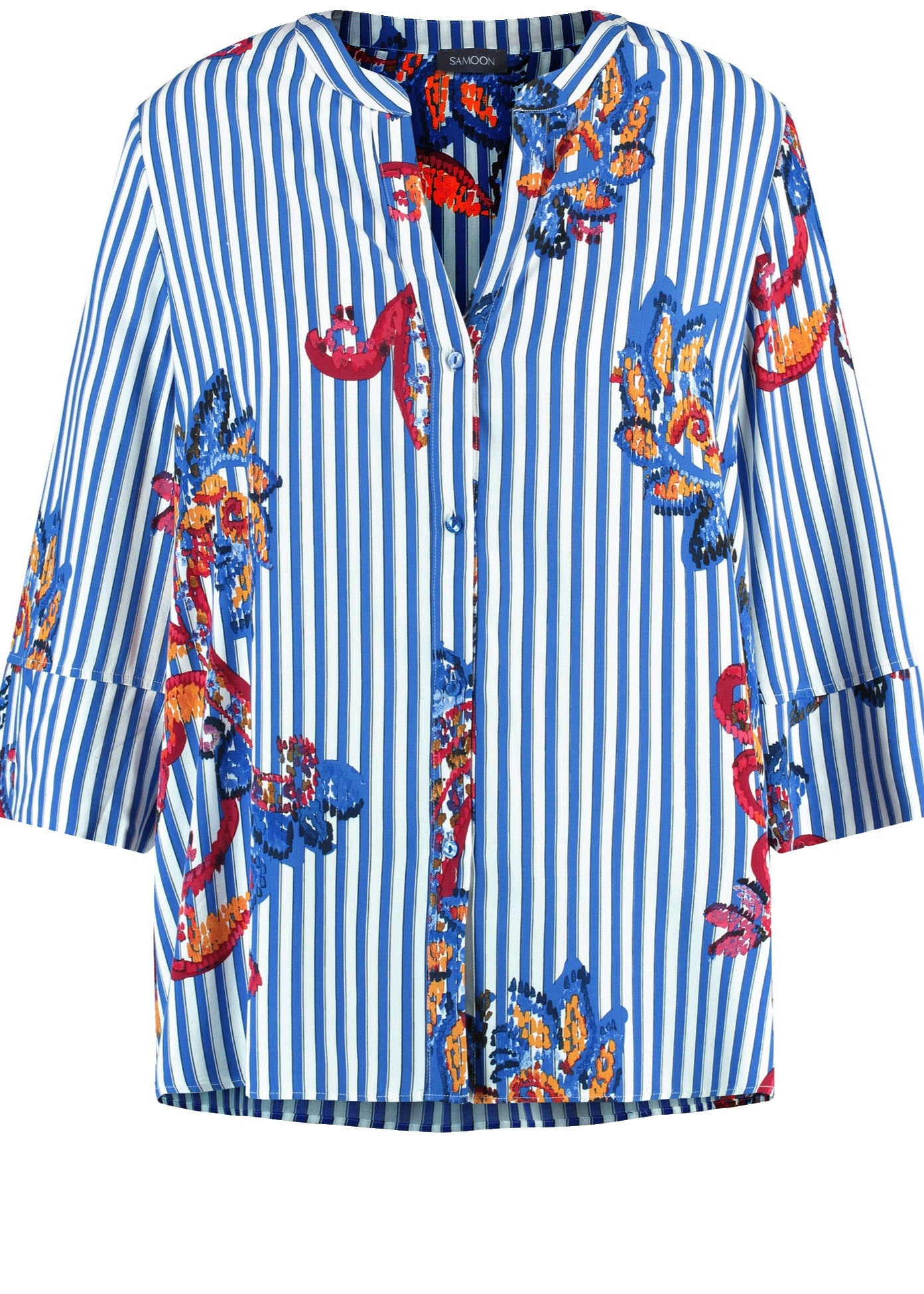 front view of plus size Samoon Split Neck Striped Blouse with Paisley Print