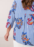 back view of plus size Samoon Split Neck Striped Blouse with Paisley Print on model