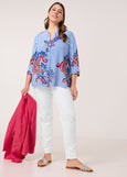 front view of plus size Samoon Split Neck Striped Blouse with Paisley Print on model