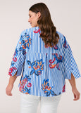 front view of plus size Samoon Split Neck Striped Blouse with Paisley Print on model