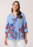 front view of plus size Samoon Split Neck Striped Blouse with Paisley Print on model