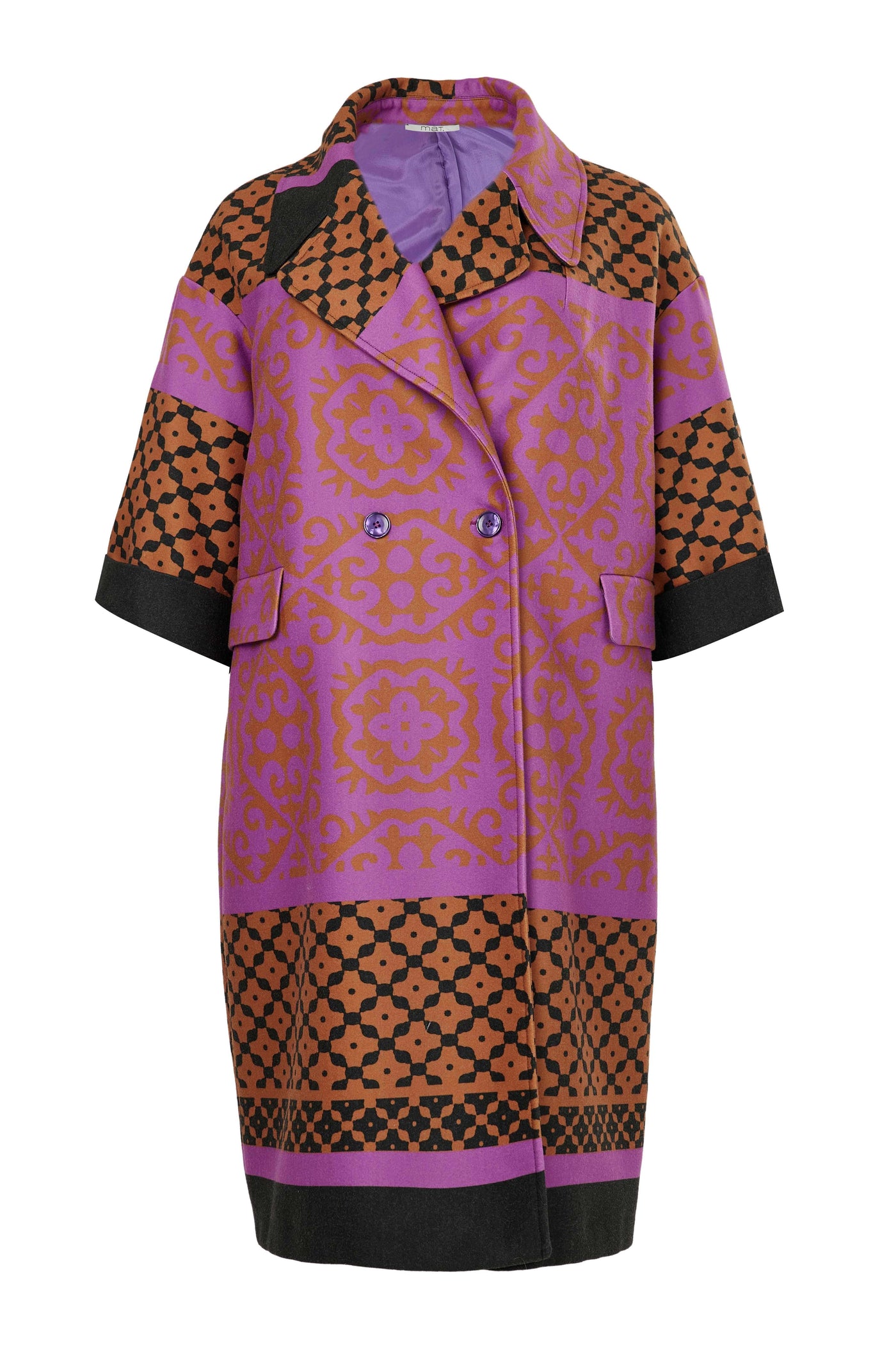 Mat Border Print Coat with Notch Lapels in Purple Print
