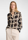 Front view of plus size Elena Miro Monogram Print Long Sleeve Shirt in Monogram Black