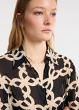 close up of plus size Elena Miro Monogram Print Long Sleeve Shirt in Monogram Black